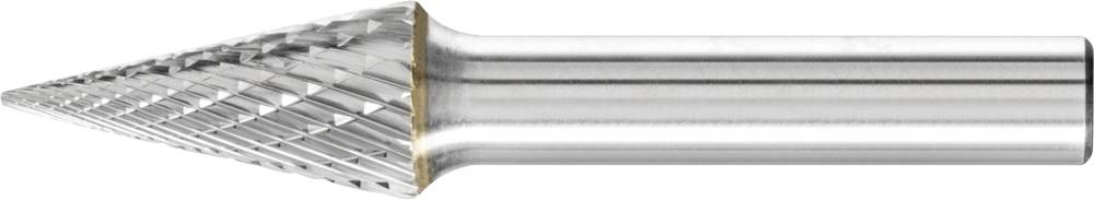Metallfräser in Kegelform mit einem geriffelten, silbrigen Schneidebereich und einem glatten Schaft. Wird zum Bearbeiten von Metallen verwendet.