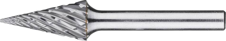 Metallfräser mit kegelförmigem, scharfem Kopf und geriffeltem Design zur Bearbeitung harter Materialien.