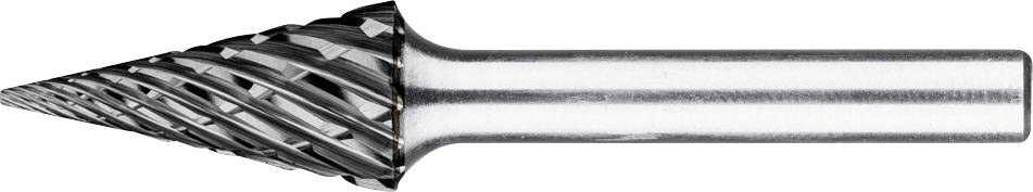 Ein kegelförmiger Frässtift mit scharfem Schneidmuster für Metallbearbeitung.
