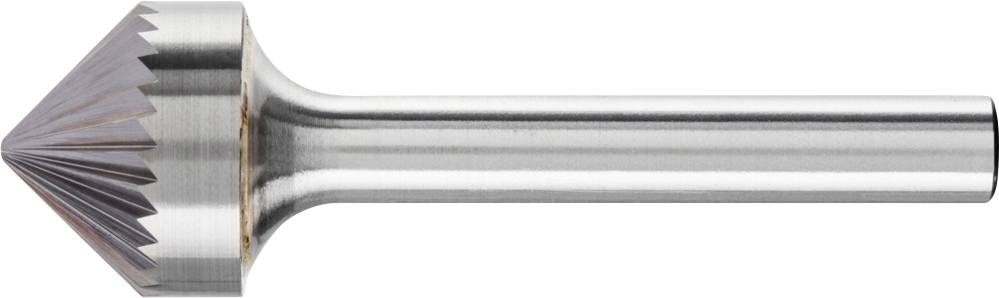 Ein zylindrisches Metallwerkzeug mit einem kegelförmigen Kopf und scharfen Schneidkanten, verwendet für das Entgraten oder Senken.