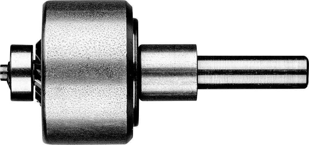Ein zylindrischer Metalllager mit integrierter Achse, gezeigt in seitlicher Ansicht. Es scheint als mechanisches Teil.