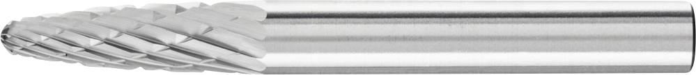 Ein silberner Frässtift mit spiralförmigen Schneiden, verwendet in der Metallbearbeitung für präzises Formen und Glätten von Oberflächen.