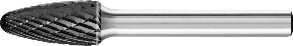 Ein kegelförmiger Frässtift mit spiraliger Verzahnung, aus Hartmetall gefertigt, geeignet für die Metallbearbeitung.