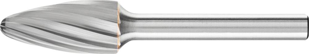 Metallfrässtift mit kegelförmigem, rotierendem Kopf und glatter Oberfläche, verwendet zur Bearbeitung von Metalloberflächen.