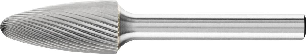 Ein zylindrischer Frässtift mit spitzem Ende, gerillter Oberfläche und silberner Farbe, geeignet für Metallbearbeitung.
