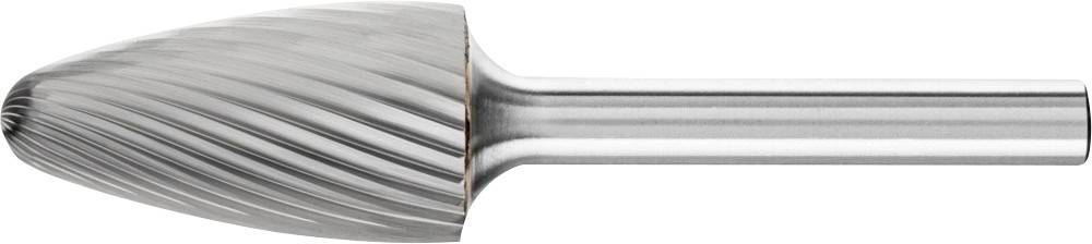 Ein zylindrischer Frässtift aus Metall mit einer konischen Spitze und spiralförmigen Rillen, verwendet zum Schleifen oder Fräsen von Materialien.