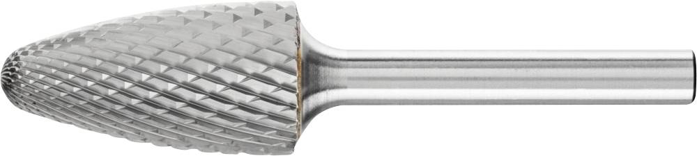 Metallfräser in Tropfenform für das Bearbeiten von Oberflächen und Kanten. Besteht aus robustem, silbernem Metall mit Rautenmuster.