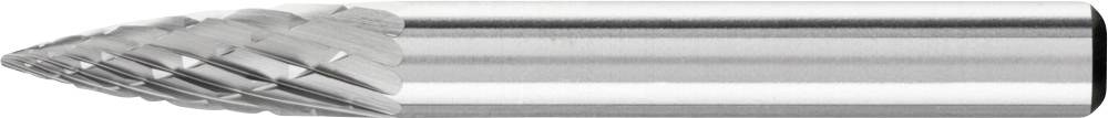 Ein zylindrisches Fräswerkzeug mit einem konischen, spiralgefrästen Schneidekopf aus Metall, verwendet für präzise Materialbearbeitung.