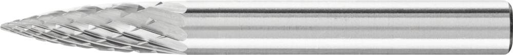 Ein zylindrisches Fräswerkzeug mit konischer Spitze und spiralförmiger Verzahnung, aus glänzendem Metall, für präzise Bearbeitung.