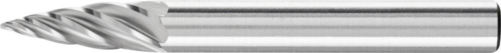 Das Bild zeigt einen Fräser mit spiralförmigen Schneiden aus Metall, der für Präzisionsbearbeitung verwendet wird.