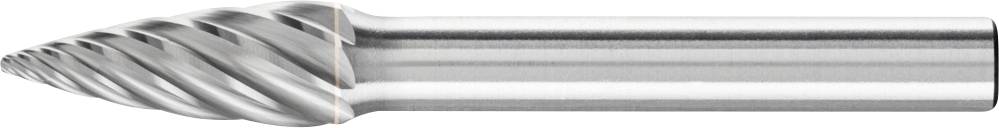 Ein kegelförmiger Hartmetallfräser mit spiralartig verlaufenden Schneiden, verwendet zur präzisen Bearbeitung von Materialien.