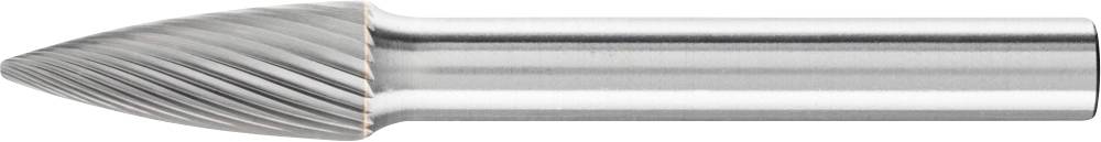 Ein silberner, rotierender Frässtift mit konisch zulaufender Spitze, geeignet für Metallschleifarbeiten.