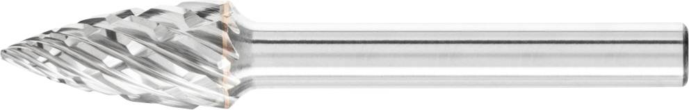 Ein konischer Frässtift aus Metall mit spiralförmigen Schneidezähnen, geeignet zum Formen und Bearbeiten von Materialien.