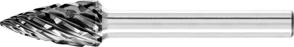 Frässtift aus Metall mit kegelförmigem Schneidkopf und spiralförmigen Kanten, geeignet für die Bearbeitung von Metallen und anderen Materialien.