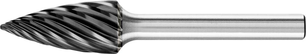 Fräser mit kegelförmigem Kopf und spiralförmigen Schneiden, aus Metall. Hauptsächlich für das Formen und Bearbeiten von Materialien.