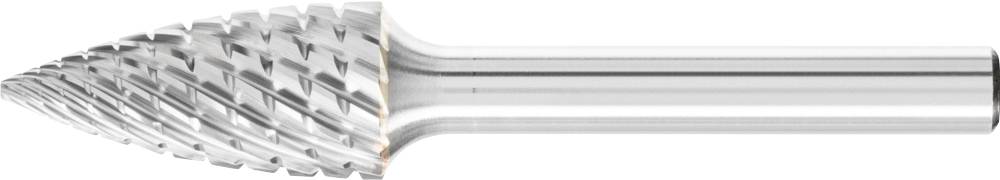 Ein kegelförmiger Hartmetallfrässtift mit spiralförmigen Schneidzähnen; wird zum Bearbeiten von Metalloberflächen verwendet.