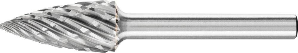 Ein konischer Fräser mit spiralförmigen Schneiden aus Metall, geeignet für präzise Materialbearbeitung in technischen Anwendungen.