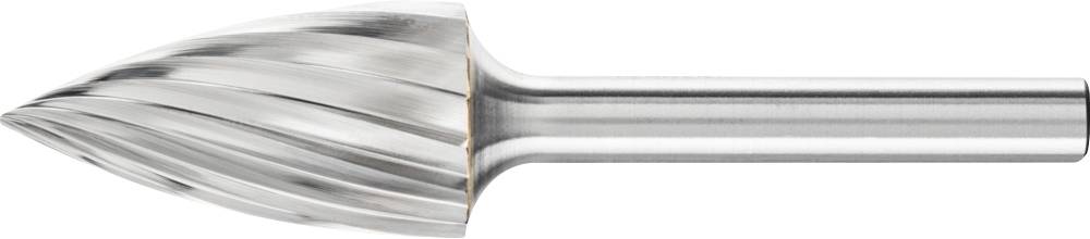 Frässtift mit konischer Kopfform, spiralförmige Rillen für effektives Fräsen von Metall, seitliche Ansicht auf weißem Hintergrund.