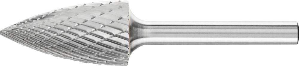 Hartmetallfräser mit kegelförmigem Schaft und scharfen, spiralförmigen Schneidkanten zur Metallbearbeitung.