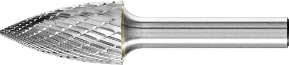Hartmetallfräser in Kegelform mit Zahnung, verwendet für das Schleifen oder Bearbeiten von Metalloberflächen.