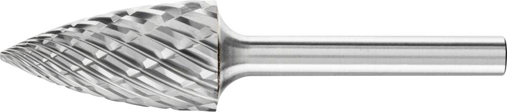 Ein zylindrischer Frässtift mit rautenförmigem Schneidschliff und spitzem Ende aus Metall, verwendet zur Bearbeitung von Werkstoffen.