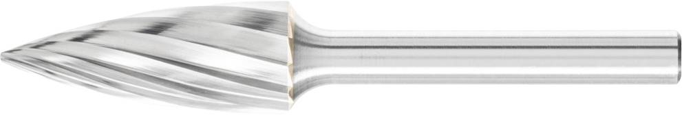 Metallfräser mit kegelförmigem Kopf und spiralförmigen Schneidkanten, geeignet zum Bearbeiten von Metalloberflächen.