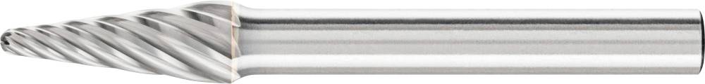 Ein silberner Fräser mit spiralförmigen Schneiden und zylindrischem Schaft, typisches Werkzeug in der Metallbearbeitung.