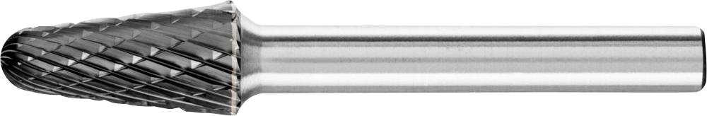 Ein konischer Frässtift mit spiralförmigen Schneidezähnen aus Metall, geeignet für das Bearbeiten von harten Materialien.