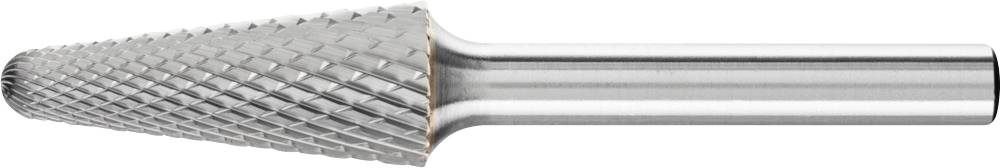 Ein kegelförmiger Frässtift aus Stahl mit gerillter Oberfläche, verwendet zum Schleifen oder Bearbeiten von Materialien in Metallbearbeitung.