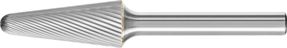Ein konischer Metallfräser, der für das Schleifen oder Bearbeiten von Materialien verwendet wird, mit einer geriffelten Oberfläche für Effizienz.