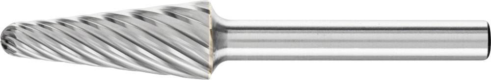 Ein Kegel-Hartmetallfräser mit spiralförmigen Schneidkanten, geeignet für Metallbearbeitung und präzises Abtragen von Material.