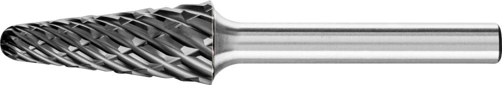 Ein konischer Hartmetallfräser mit Spiralverzahnung zum Bearbeiten von Metalloberflächen.