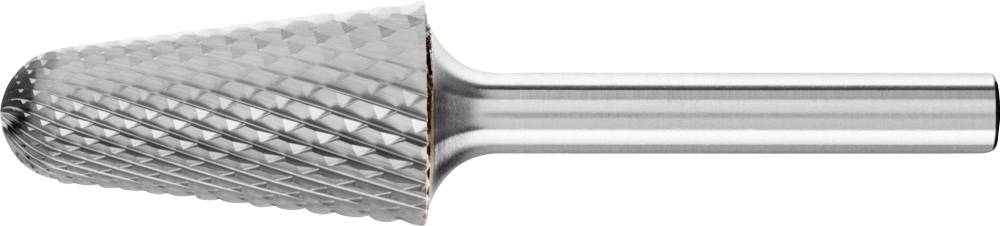 Fräser mit zylindrischem Schaft und kegelförmigem, genopptem Schleifkopf zur Metallbearbeitung.