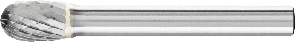 Silberner Frässtift mit zylindrischem Schaft und kugelförmigem Kopf, diagonale Schneidkanten für Metallbearbeitung.