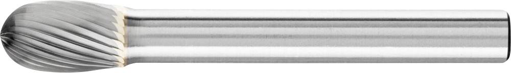 Metallfräser mit kugelförmigem Kopf und spiralförmigem Schneidemuster, geeignet für das Schleifen und Bearbeiten von Metalloberflächen.