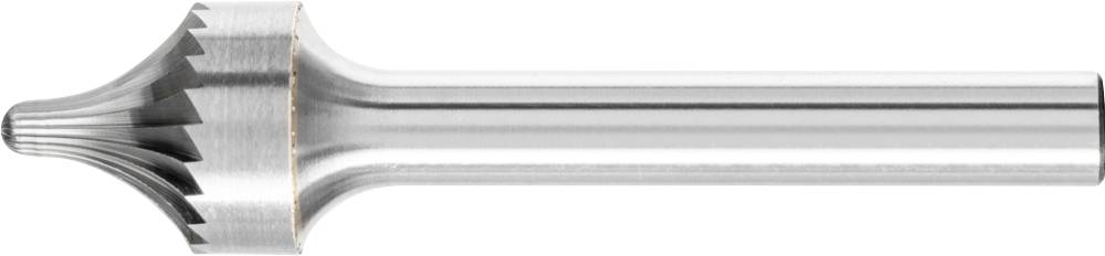 Ein kegelförmiger Frässtift aus Metall mit geriffeltem Kopf, geeignet für präzise Schleifarbeiten in der Metallbearbeitung.