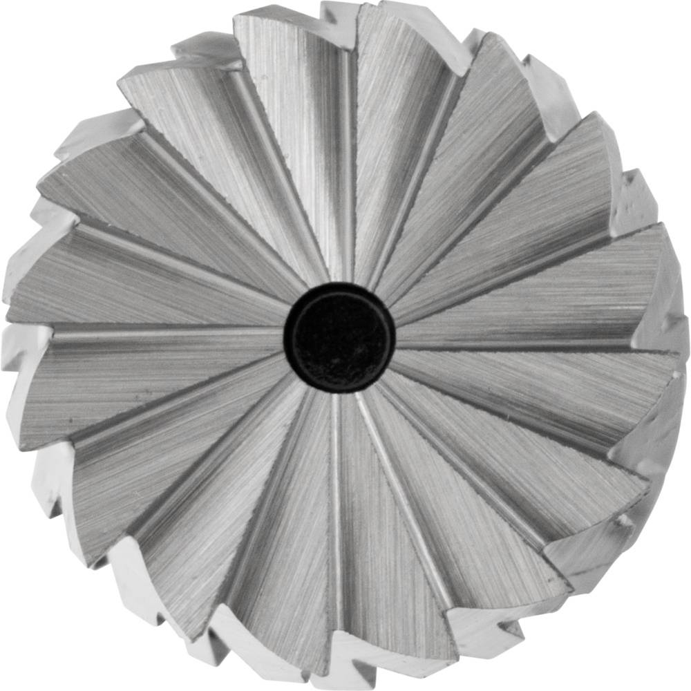 Ein silberner Metallfräser mit zahnradähnlicher Struktur und radialen Rippen.