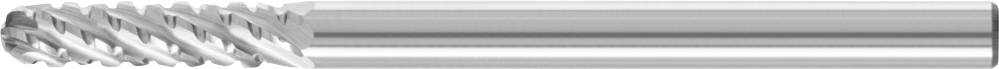 Ein silberner Fräser mit spiraligen Schneidezähnen, verwendet zur Bearbeitung von Metall oder Holz. Das Werkzeug hat einen zylindrischen Schaft.