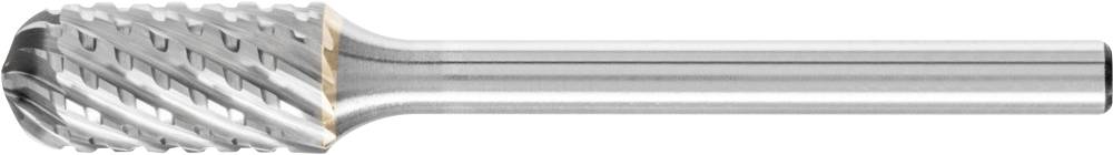 Ein zylindrischer Frässtift aus Metall mit einer spiralförmigen Schneidfläche, verwendet zum Formen oder Glätten von Oberflächen.