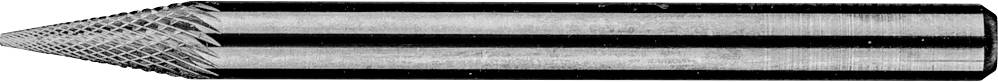 Eine metallische, zylindrische Feile mit konischem und geriffeltem Kopf, verwendet zum Feinschleifen und Bearbeiten von Materialien.