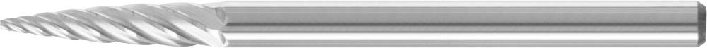 Ein silberner, metallischer Bohrer mit scharfen Spiralklingen, die für das Schneiden oder Bohren in harte Materialien verwendet werden.