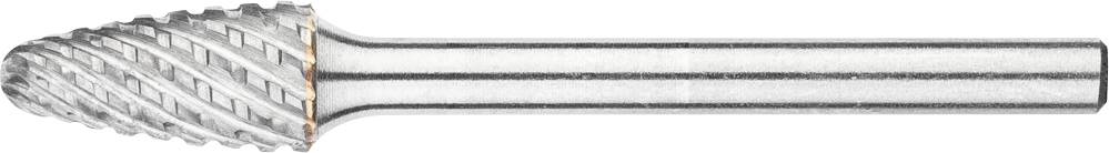 Ein metallischer Frässtift mit zylindrischem Schaft und kegelförmigem, geriffelten Kopf, verwendet für Bearbeitungszwecke.
