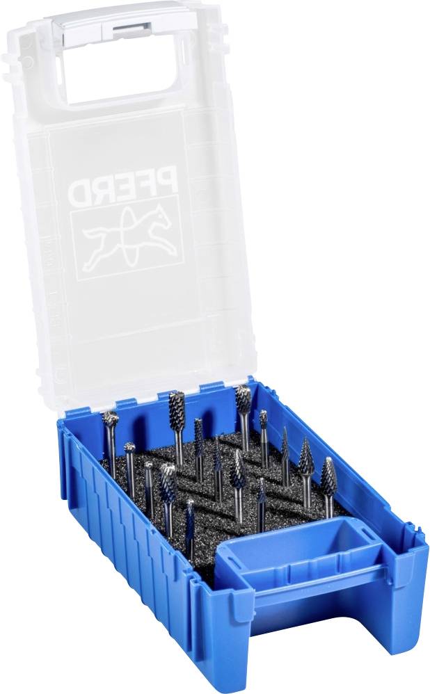 Blaue Box mit verschiedenen Frässtiften unterschiedlicher Formen und Größen, in Schaumstoffeinlage organisiert.