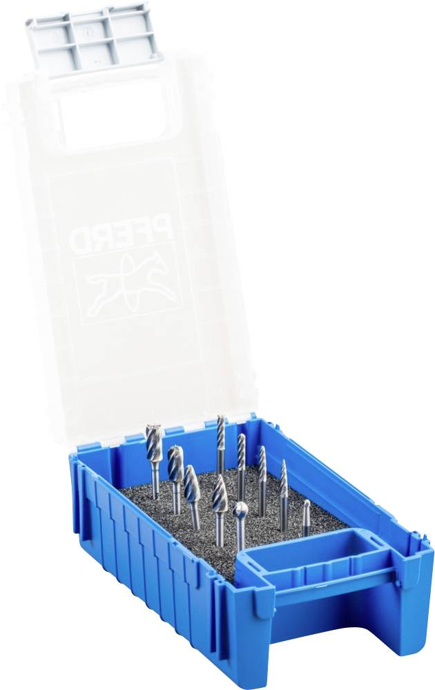 Ein offener, blauer Werkzeugkasten mit verschiedenen Bohrern in Schaumstoffhaltern, darunter Spiral- und Fräsbohrer.