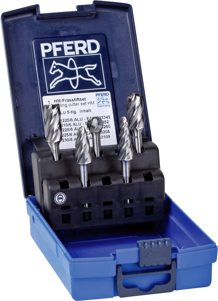 Ein Fräsersatz von 'PFERD' in einer blauen Box, die fünf verschiedene Fräser enthält. Jeder Fräser hat eine spezifische Form und Größe.