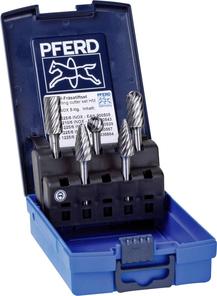 Ein Set von sechs rotierenden Frässtiften in einer blauen Kunststoffbox mit Pferd-Logo. Ideal für Metallbearbeitung.