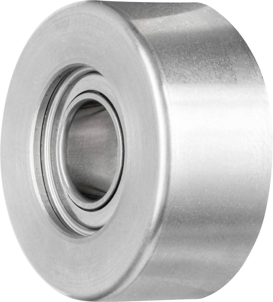 Ein rundes, silbernes Kugellager aus Metall, das eine glatte, glänzende Oberfläche hat, seitliche Ansicht.