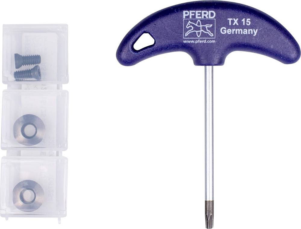 'Dreikantschlüssel TX 15' von PFERD, neben drei kleinen Aufbewahrungsboxen mit Schrauben und Muttern.