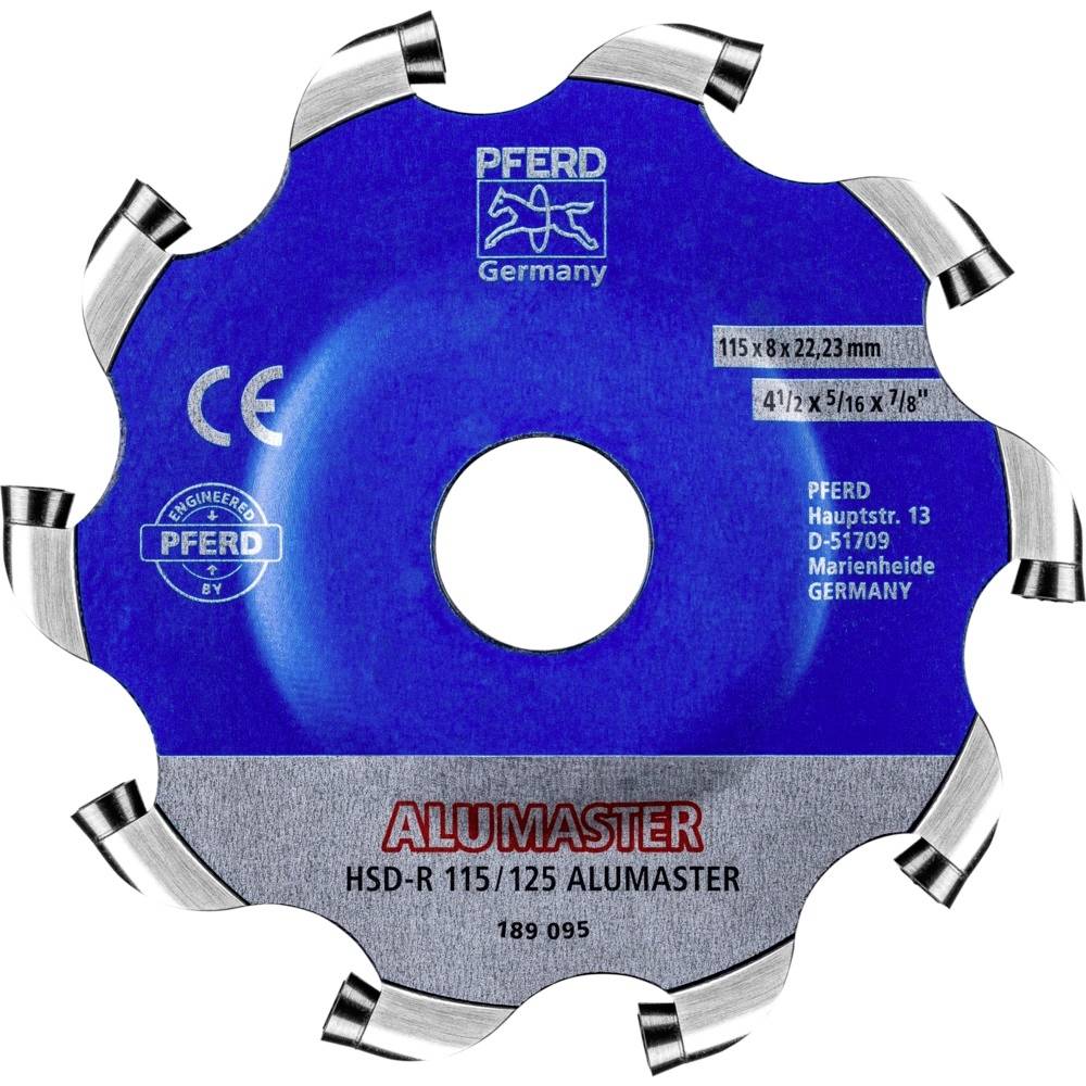 Schneidwerkzeug mit blauen Etiketten, Marken- und Modellinformationen. 115x8x22,23 mm Dimensionen, HSD-R 115/125 ALUMASTER.