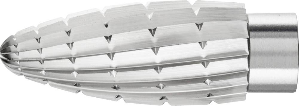 Ein zylindrisches Metallgerät mit gezackter Oberfläche und spitzem Ende, möglicherweise ein Fräser oder Bohrwerkzeug.